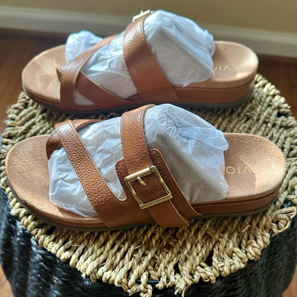 Vionic Carmela Tan Leather Slide Sandals